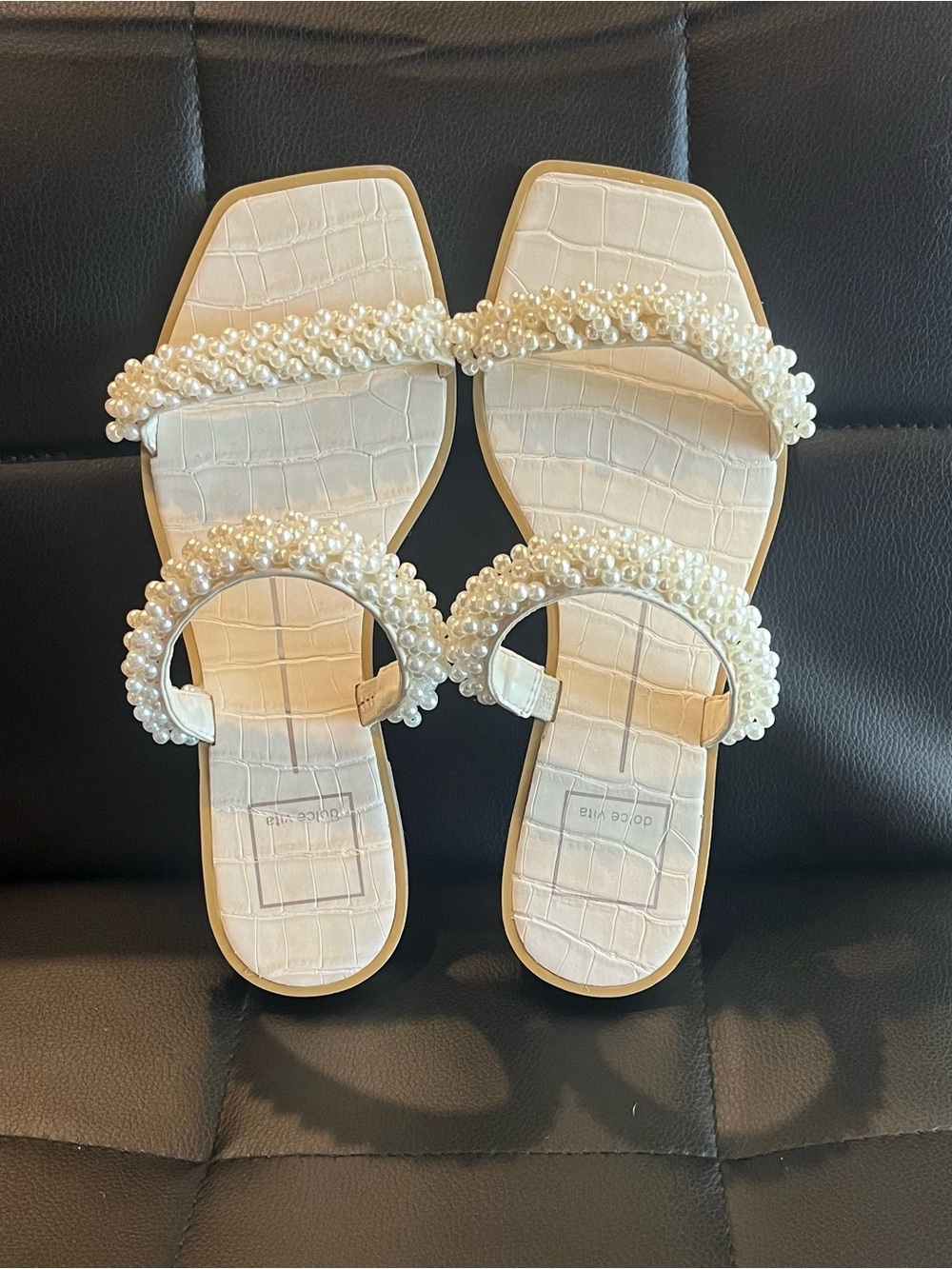 Dolce Vita Pearl Beaded Slide Sandals – Cream/White